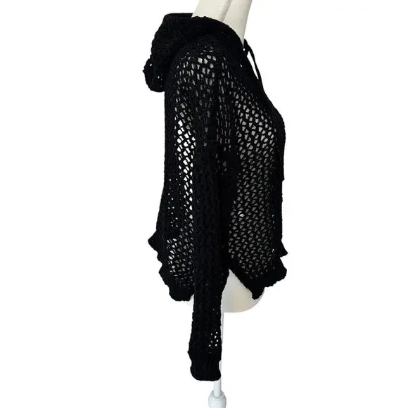NICOLE MILLER ARTELIER Sweater Womens Medium Black Crochet Hoodie Vacation - Picture 3 of 11